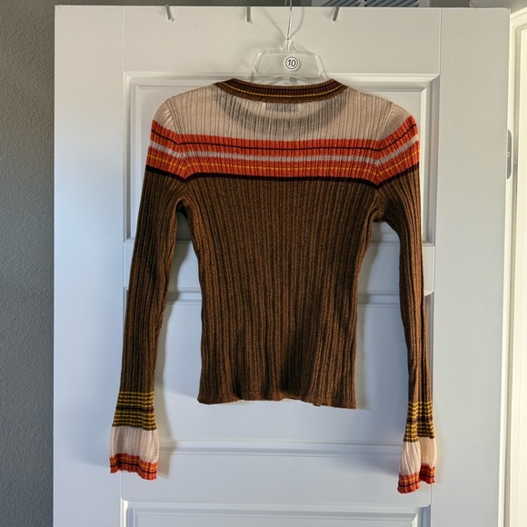 Zara Women’s Brown & Orange & Cream Sparkly Striped Bell Sleeve Knit Sweater - Picture 12 of 13